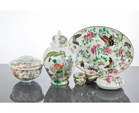 COLLECTION OF CHINESE CERAMICS
comprising a Famille Rose plate and two small dishes, a lidded vase, a rice bowl and cover and