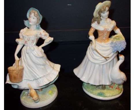 FOUR ROYAL WORCESTER FIGURES of Goose Girl, Flower Picking, The Milkmaid and Summer, largest 24cm high