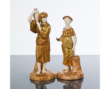 TWO ROYAL WORCESTER FIGURES
the first modelled as a standing male water carrier standing on a naturalistic base, black printe