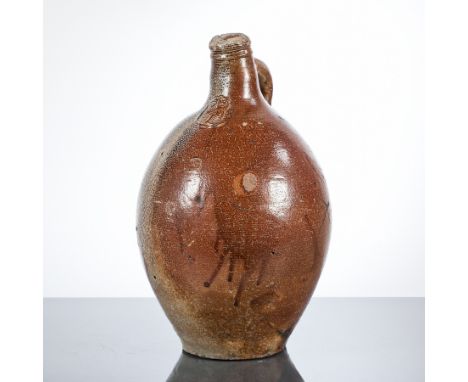 17TH CENTURY SALTGLAZE STONEWARE BELLARMINE FLASK
with moulded mask of a bearded man to base of the neck, with small loop han