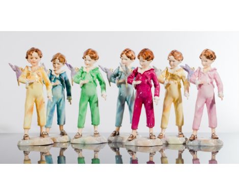 COLLECTION OF SEVEN ROYAL WORCESTER FIGURES OF THE PARAKEET
modelled by F. Doughty, pattern No 3087, 7cm high 
