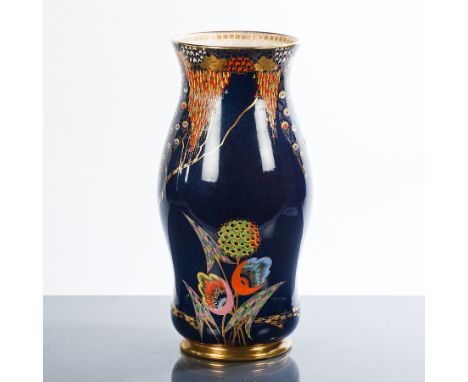 CARLTON WARE DEVILS COPSE PATTERN VASE
of slender baluster form, with gilt enamel decoration on a bluer ground, pat.no. 3787,