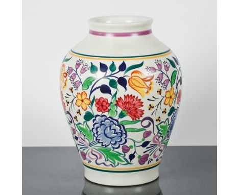 LARGE POOLE HAND PAINTED VASE
painted with stylised floral designs in shades of red, blue, green and yellow, printed Poole ma