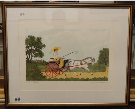 A framed and glazed signed French artist proof limited edition lithograph (55/60) on arches paper of lady on horse and trap b