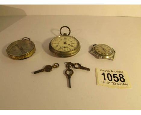 A Services 'Scout' pocket watch, and old wrist watch head, an old compass and 3 pocket watch keys.