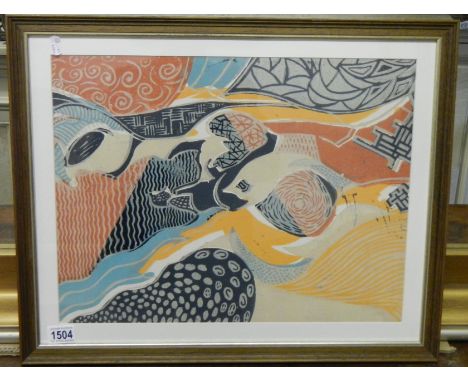 A framed and glazed 1960's abstract lino cut print by D.R.Adamson, signed D.R.A. dated 1963 (Winchester school of art).