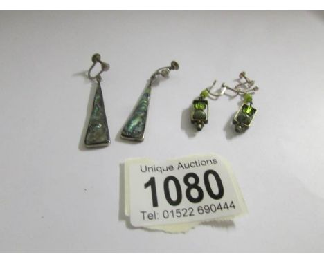 Two pairs of silver set vintage pendant earrings, one set with abalone shell.