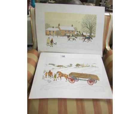 2 limited Edition French artist proof lithograph prints - 50/67 horses pulling wagon of logs and 76/200 trainers riding horse