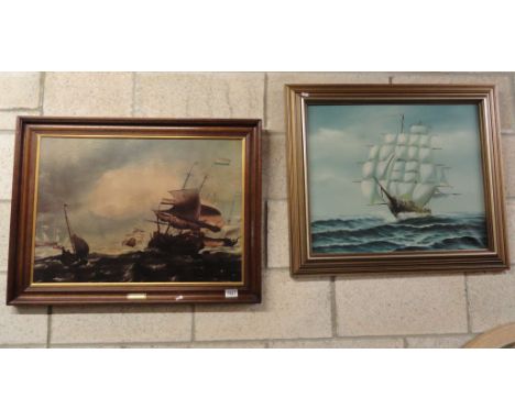 A marine seascape oil painting and a maritime print, signed Simon with brass plaque 'BAKHUYZEN'