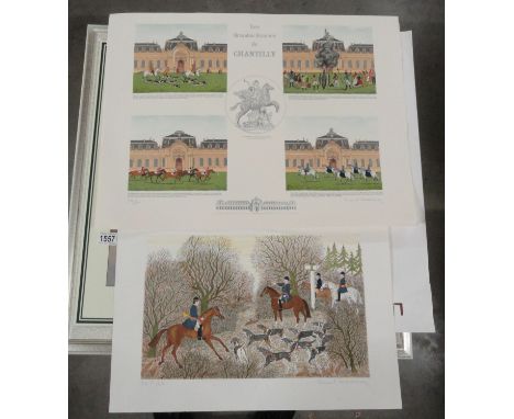 'Le Grandes Ecuries de Chantilly' lithographic French artist proof print 19/45 and a French fox hunt scene lithographic Frenc
