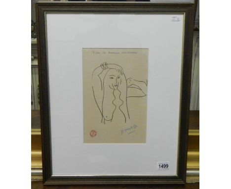 A framed and glazed Henri Matisse print entitled 'Girl brushing her hair', stamped and signed in coloured pencil.