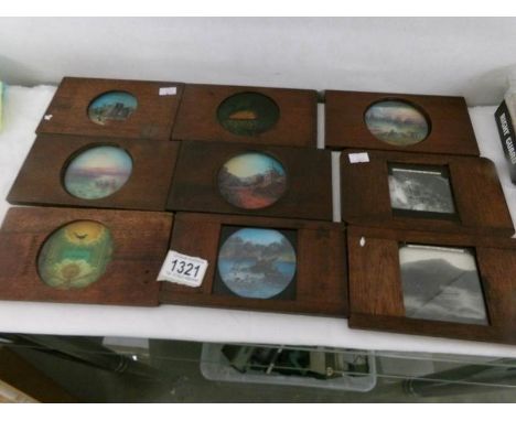 7 coloured and 2 Black & white magic lantern slides in wood frames.