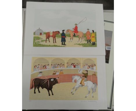 2 limited edition French artist proof lithograph prints (10/20) - Mongolian horse scene and Spanish bull fighter, signed in p