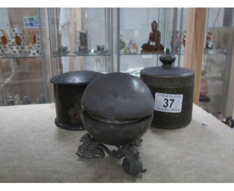 An oriental papier mache' canister, a metal canister and a 19th century inkwell (liner a/f).