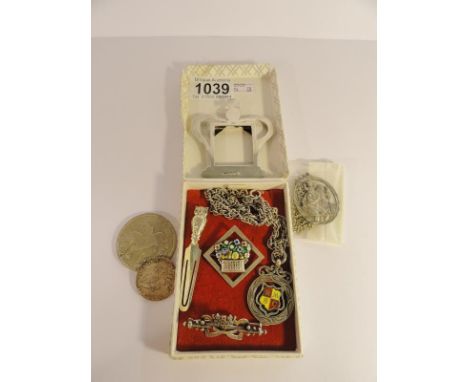 A mixed lot of silver items including coronet photo frame, sweetheart brooch, George II silver coin with enameled defaced tai