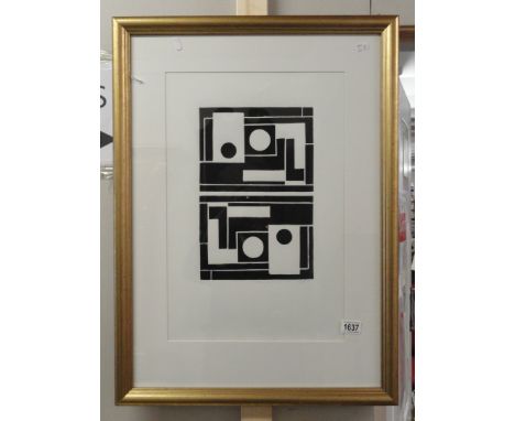 A framed and glazed signed (indistinct) abstract lino cut artist proof print, limited edition, after Ben Nicholson (1894-1982