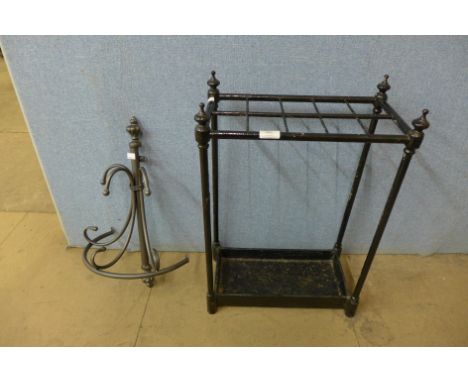 A Victorian cast iron stick stand and a wall mounted coat rack