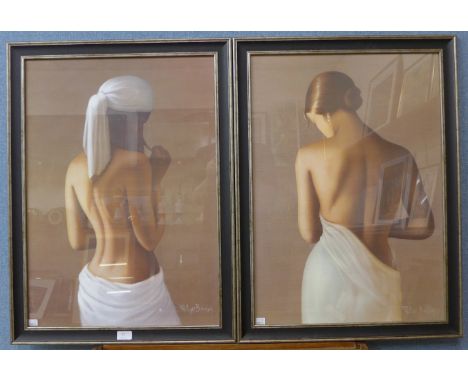 A pair of female half portrait prints, 69 x 49cms, framed