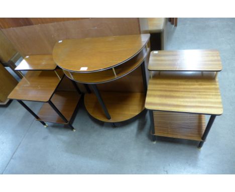 A teak demi-lune hall table and pair of matching side tables