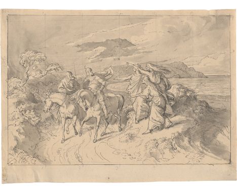 Führich, Joseph von -- Macbeth und Banquo treffen die drei Hexen. Feder in Grau, grau laviert, quadriert. 15,3 x 20,5 cm. Um 