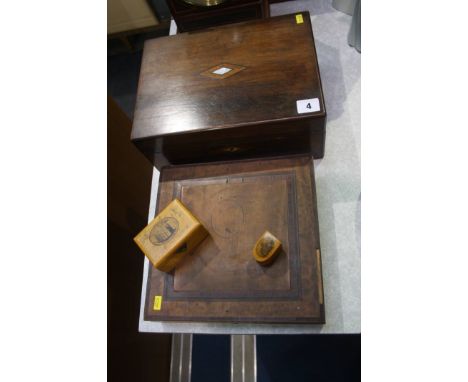 Mahogany workbox, Mauchline ware thimble case etc.