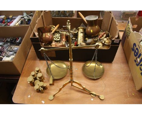 Assorted brassware including set of scales