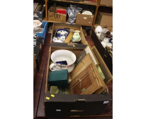 Two trays; assorted prints and china