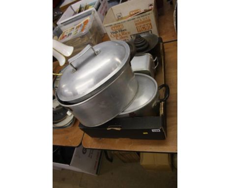 Various aluminium pots and pair of scales