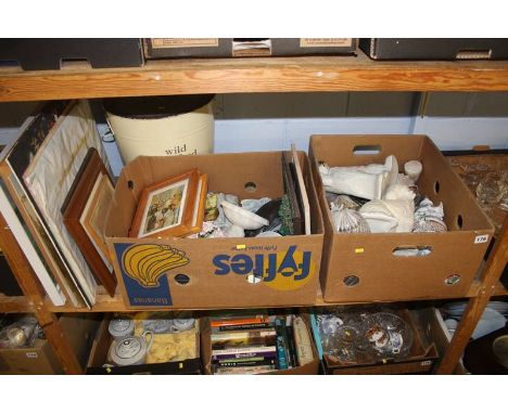 Two boxes assorted, enamel bin and various prints 