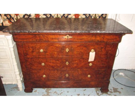 COMMODE, 19th century French Louis Philippe burr walnut with St Annes grey marble top and four long drawers, 129cm W x 58cm D
