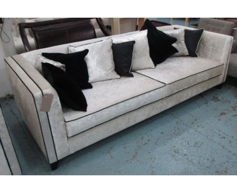 SOFA, in a shimmering silver chenille with black piping and scatter cushions, 96cm D x 74cm H x 250cm W. 