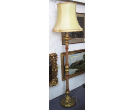 STANDARD LAMP, early 20th century giltwood and fabric covered having leaf carved decoration with a cream coloured shade, 195c