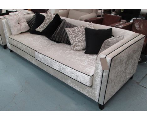 SOFA, in a shimmering silver chenille with black piping and scatter cushions, 96cm D x 74cm H x 250cm W. 