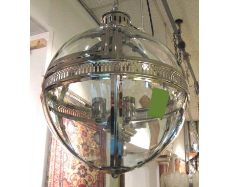 HALL LANTERN, chrome framed with glass panels of globe form with three centre lights, 68cm H x 46cm D. 