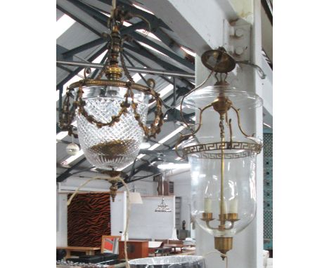 HALL LANTERN, shaped glass shade with brass detail 70cm H x 33cm and a small cut glass ceiling lamp, 34cm H x 20cm. (2)