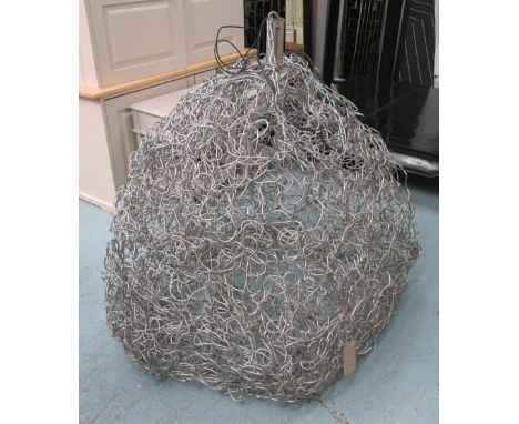 WIRE WORK CHANDELIER, of abstract bent wire cagework with halogen lights within, 134cm H. 