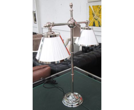 TABLE LAMP, with two lights and two shades in a nickel finish with silk shades, 73cm H. 