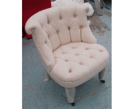 BEDROOM CHAIRS, a pair, button back in oatmeal fabric on front castors, 59cm W. (2)