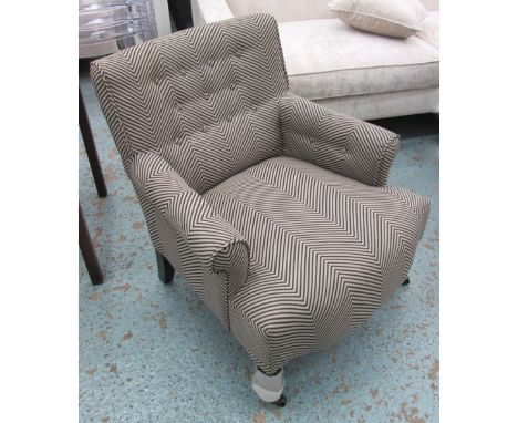 ARMCHAIRS, a pair, button back in herringbone fabric on front castors, 71cm W. (2)