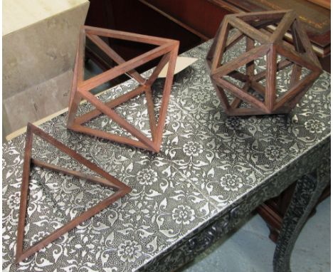 GEOMETRY ORNAMENTS, a set of three, in wood, largest 28cm H. (3)