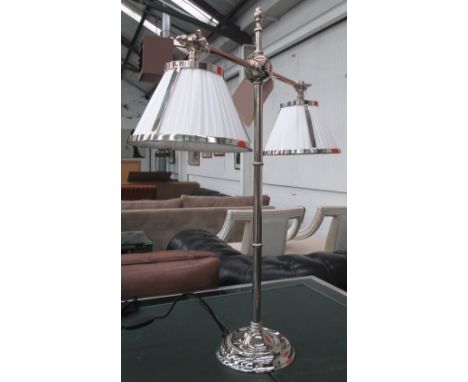 TABLE LAMP, with two lights and two shades in a nickel finish with silk shades, 73cm H. 