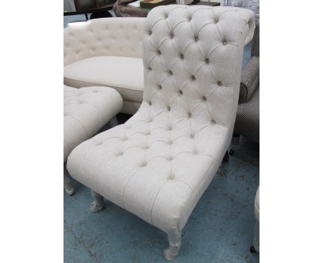 EASY CHAIRS, a pair, button back in oatmeal fabric, 60cm W. (2)