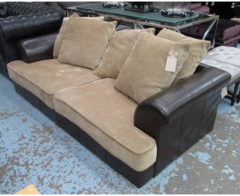 SOFA, two seater, in beige upholstery with five scatter cushions and brown leather upholstery, 205cm L x 105cm D. 