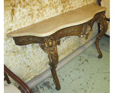 CONSOLE TABLE, 19th century giltwood of serpentine outline with a marble top and shell and flowerhead decoration on cabriole 