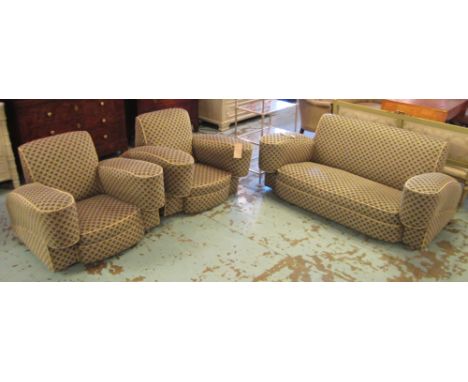 SOFA, Art Deco in geometric pattern upholstery, 160cm L, plus a pair of matching armchairs, 93cm W. (3)