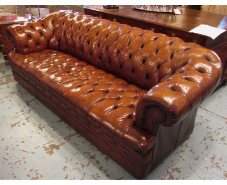 CHESTERFIELD SOFA, traditional tan brown leather with deep button upholstered back and seat, 222cm W. 