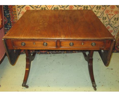 SOFA TABLE, Regency mahogany, with drop flaps above two drawers and dummy drawers to verso, 71cm H x 92cm W x 83cm D, 150cm o