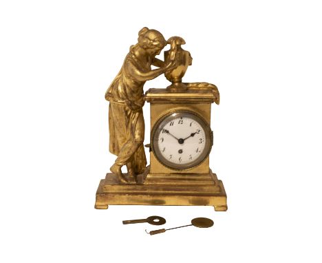 Standuhr Holz mit Sockel und Figur mit Pokal Gold bemalt, Höhe 24 cm Breite 17 cm Tiefe 6,5 cm| Grandfather clock wood with b