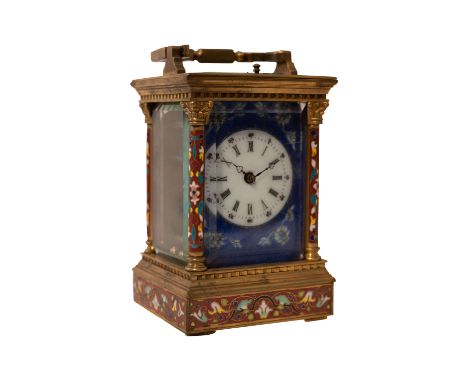 Emaillierte Messing Reiseuhr mit Reisebox, chinesische Cloisonne niederländische Emaille Uhr, 19,5 cm Höhe 10,2 cm x 8,8 cm T
