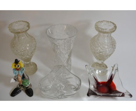 A collection of glassware including a glass decanter with silver collar, lamp and a Murano clown